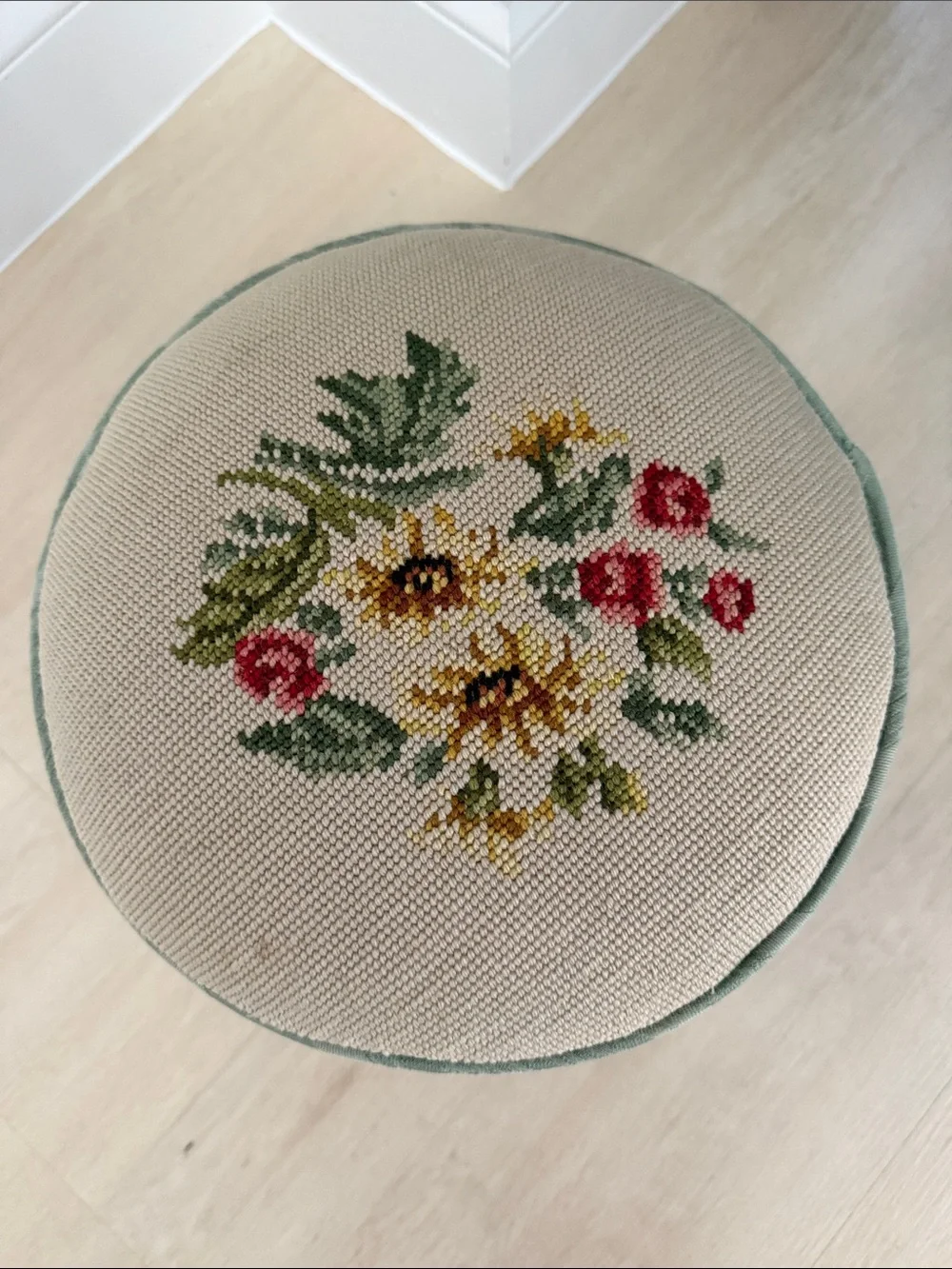 Vintage Needlepoint Floral Round Footstool in Cream and Sage